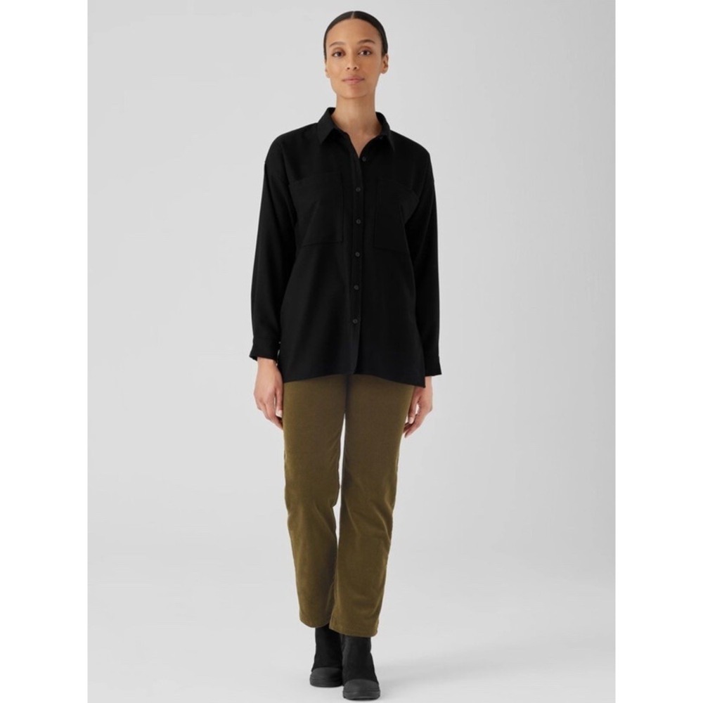 Eileen Fisher S/P Soft Wool Flannel Classic Collar Shirt Black